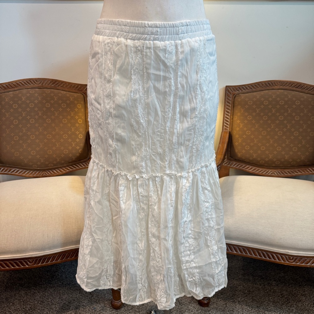 HAVEN Chic White Tiered Lace Maxi Skirt Fairycore Cottage Milkmaid Size Small
